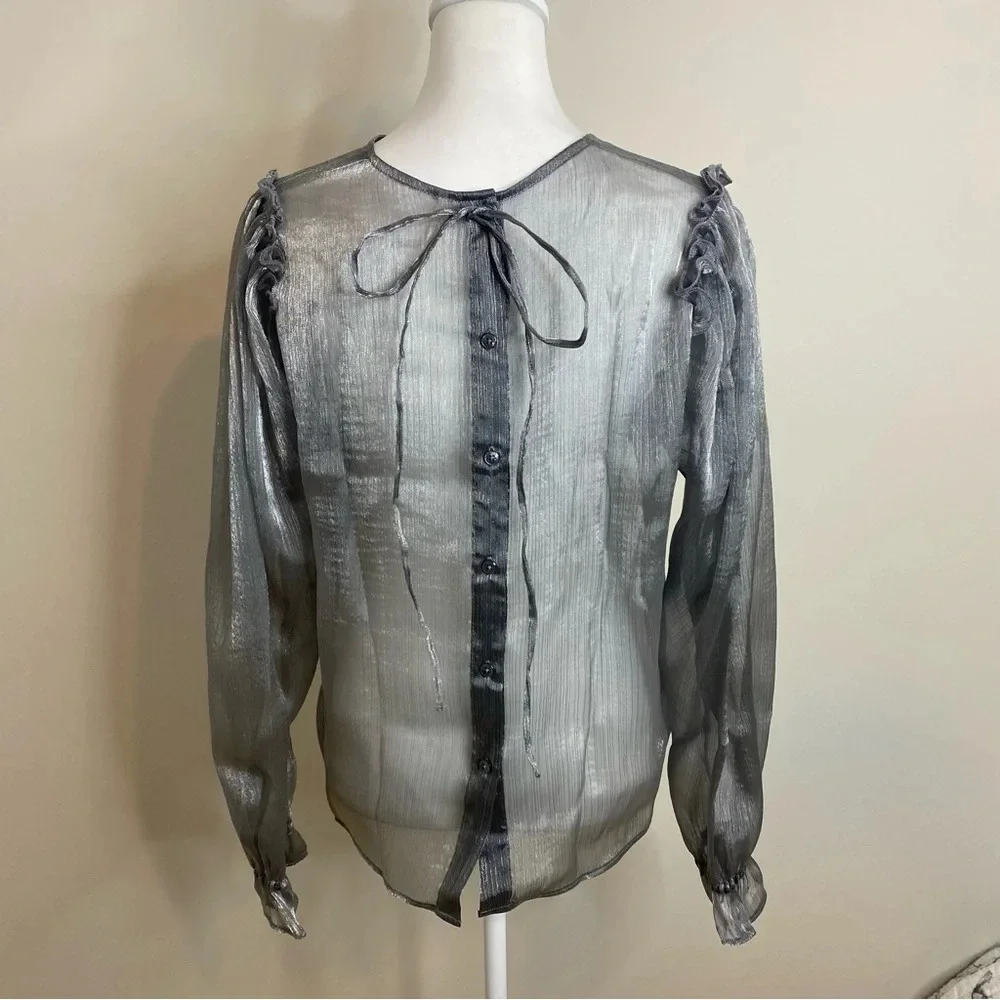 NWT Free People Freya Frost Top Metallic Silver Gray Sheer Long Sleeve Ribbon SP